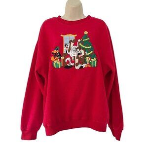 VTG 90s Looney Tunes Christmas Red Fleece Sweatshirt Warner Bros Store Unisex S